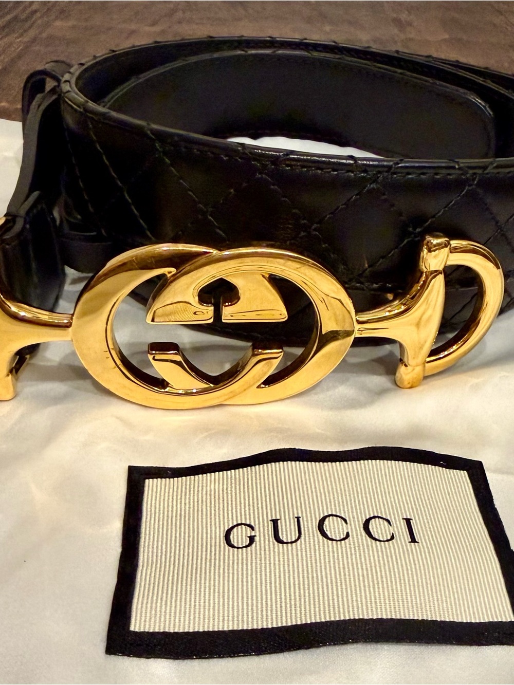 Gucci Black Quilted Leather Belt with Gold Interlocking GG Buckle size 95